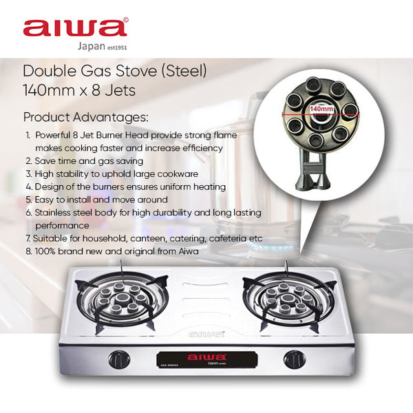 Aiwa Dapur Gas S/S Jets Double Burners Gas Stove AGS-8080SS
