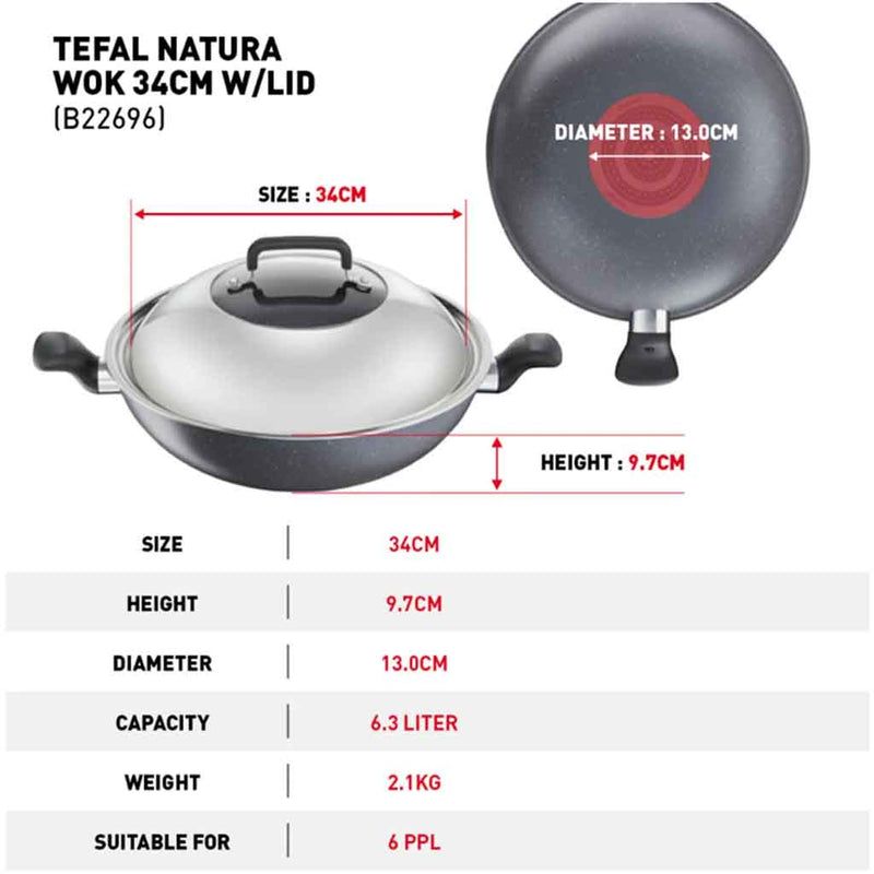 Tefal Cookware Natura Deep Frypan 26cm B22665 / 28cm B22666 / Wok 34cm With Lid B22696