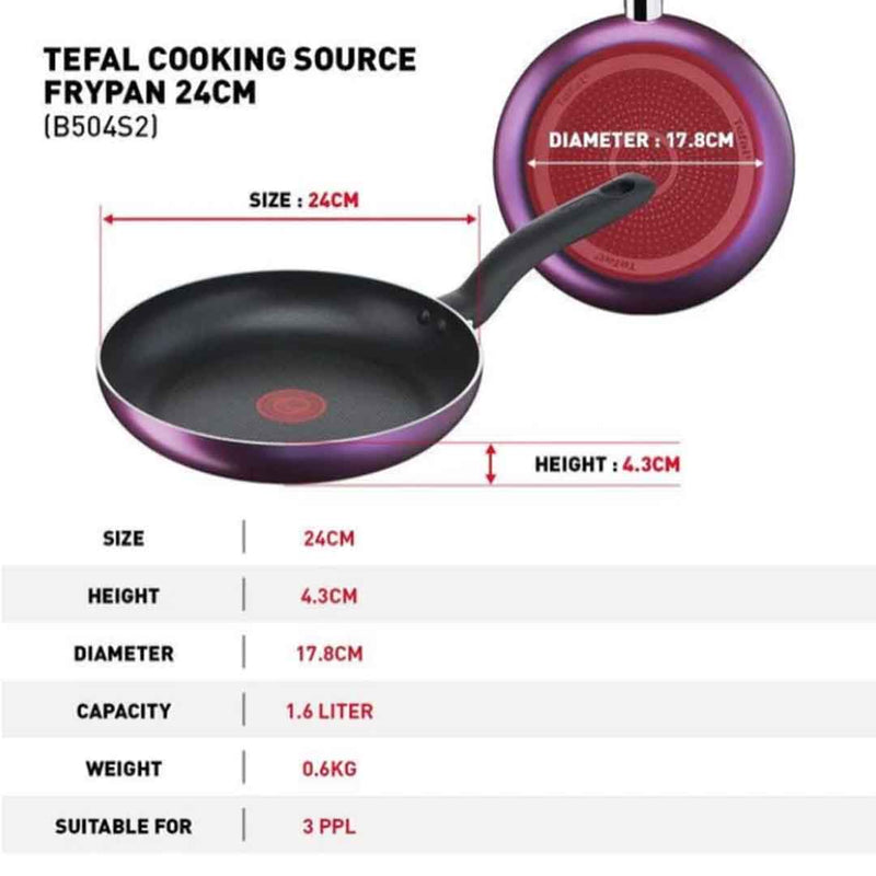 Tefal Set Kuali Cooking Source 3pcs Set Frypan 24cm + Saucepan 18cm Non-Stick B504S2 B504S295