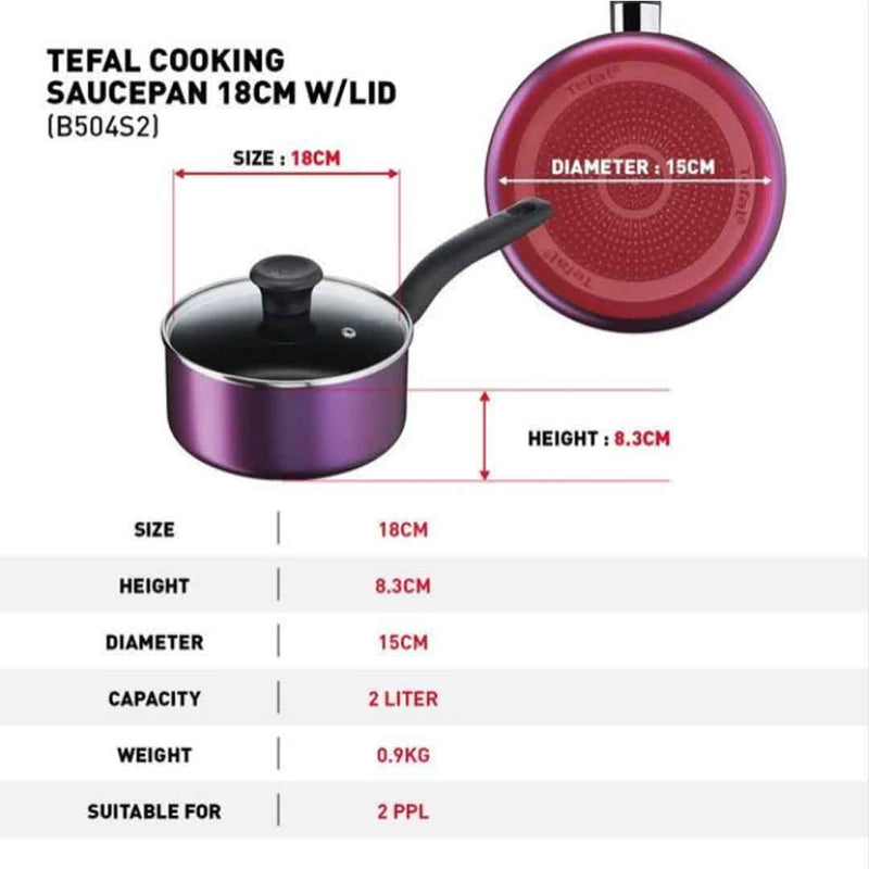 Tefal Set Kuali Cooking Source 3pcs Set Frypan 24cm + Saucepan 18cm Non-Stick B504S2 B504S295