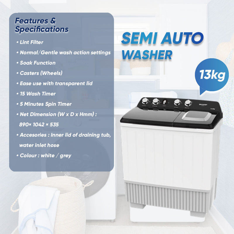 Sharp Semi Auto Washing Machine Washer ( 13kg ) ESTP1316