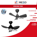 Rezo 3 Blade Ceiling Fan DC Motor With Remote Control NINO-30 (30") / CASPER 28 (28") (Matt Black)