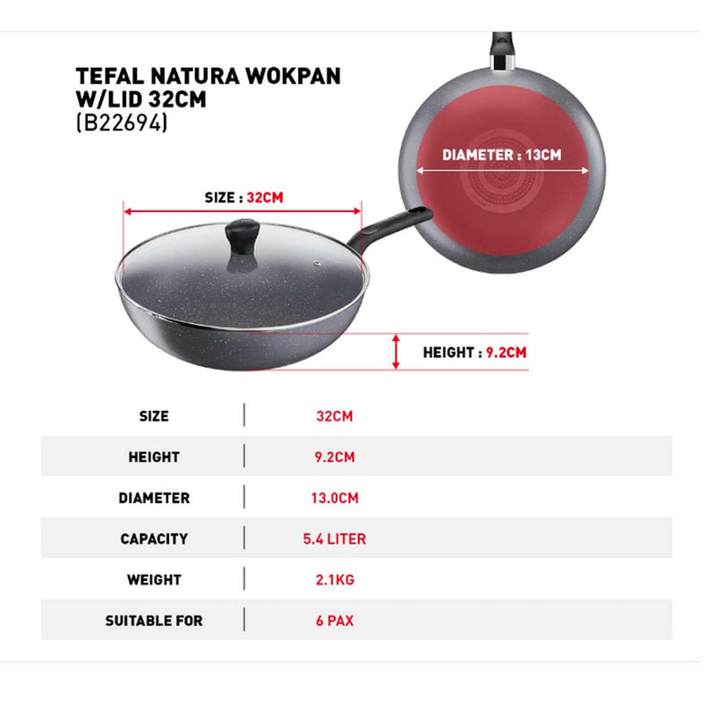 Tefal Cookware Natura Wokpan 32cm with Lid B22694