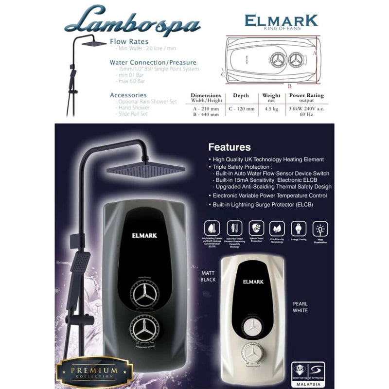 Elmark Pemanas Air Water Heater DC pump Rain Shower LAMBOSPA (MBK)