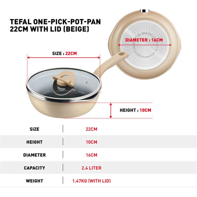 Tefal Kuali One-Pick-Pot 22cm with Lid (Beige) G1672524 (Avo Green) G1652524