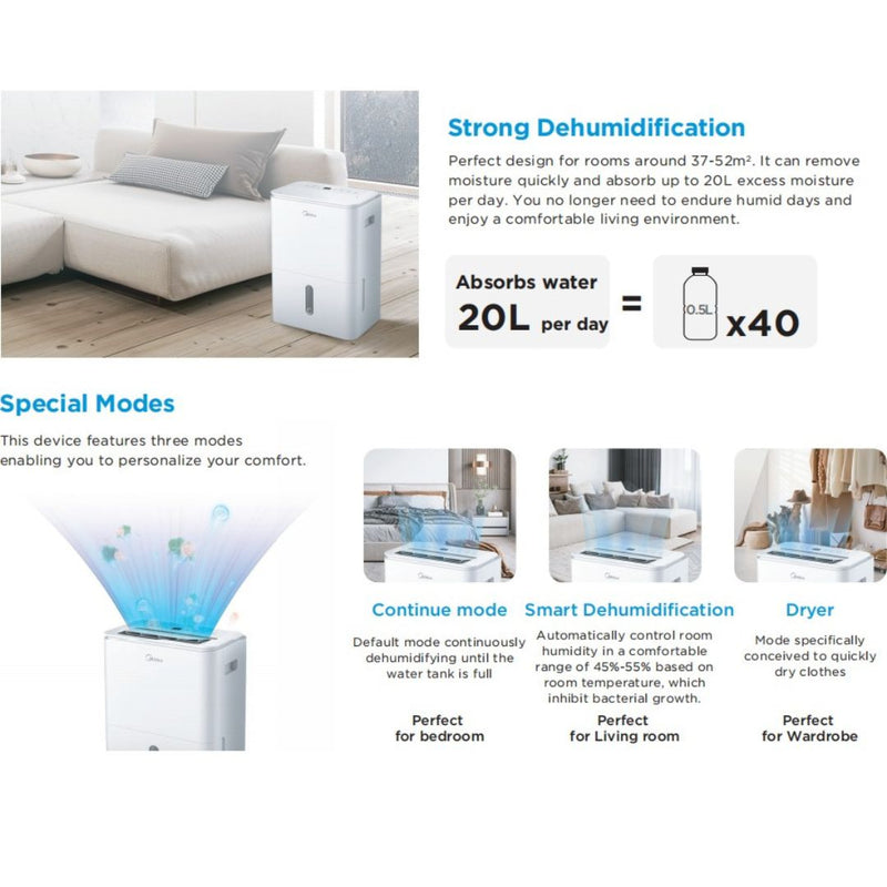 Midea Penyahlembap 20L Day Smart Dehumidifier With Super Ionizer MDDF-20DEN7