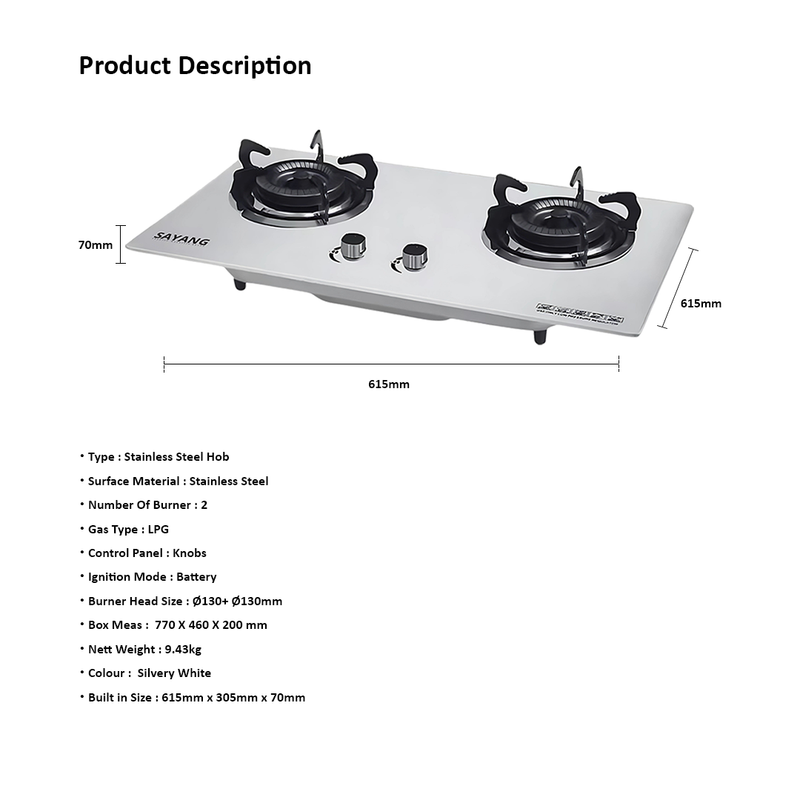 SAYANG Double Burner Stainless Steel Hob ELH0594