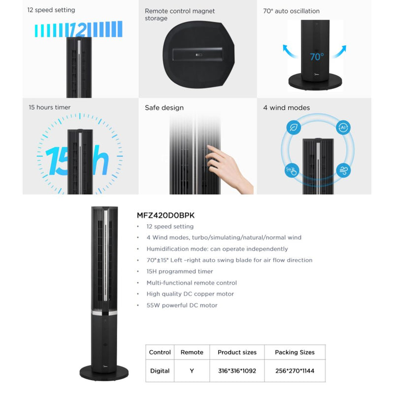 Midea Kipas Menara Misting Tower Fan 55W DC Motor MFZ420D0BPK