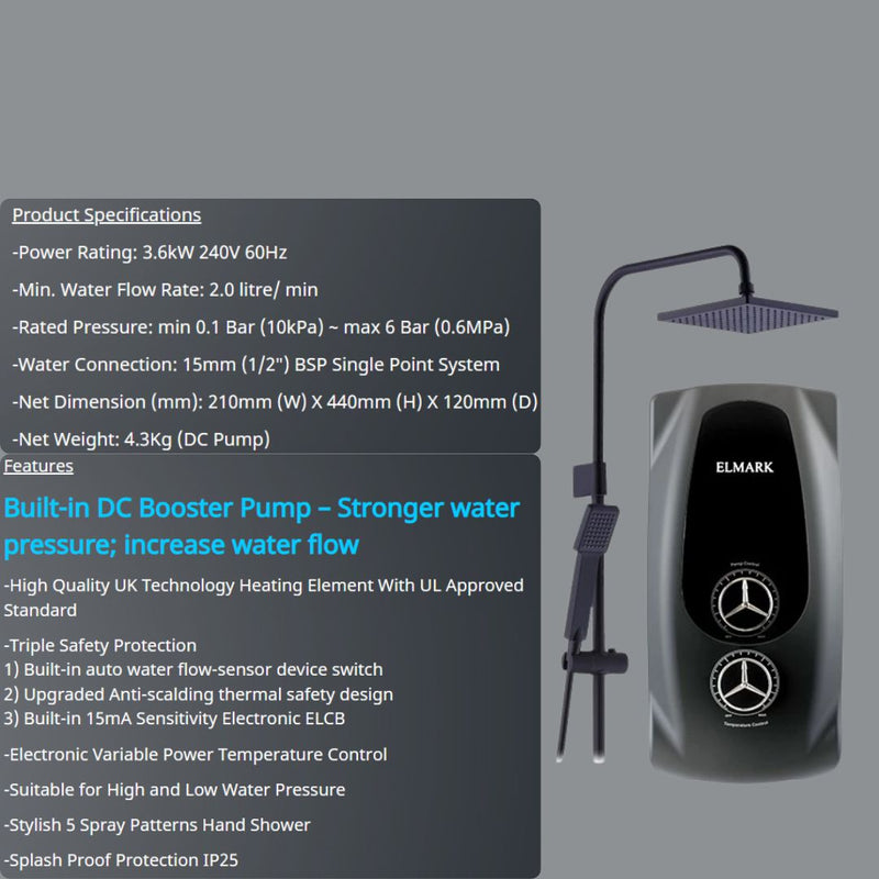Elmark Pemanas Air Water Heater DC pump Rain Shower LAMBOSPA (MBK)
