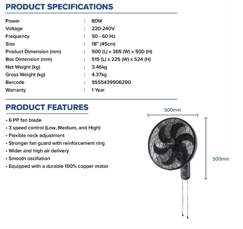 Morgan Kipas Dinding Wall Fan Manual (18") MWF-180M