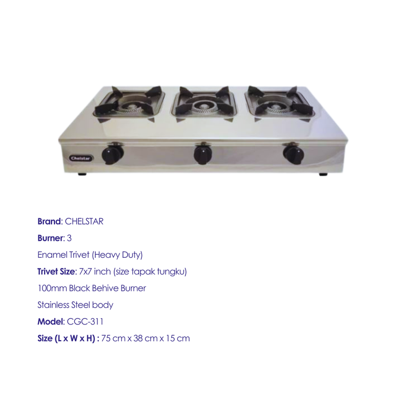 Chelstar Stainless Steel 3 Burner Commercial Gas Stove CGC-311
