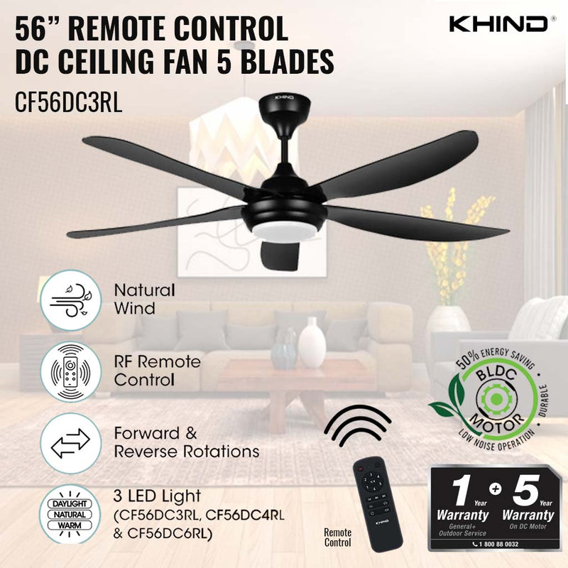 Khind 56" Ceiling Fan DC Motor Remote Control and Led CF56DC3RL ( Matt Black )