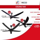 REZO Kipas Siling - Ventus Ceiling Fan 5 Blade with Remote Control AC Motor MY56 (56") ZR42 (42") MR56DC (Matt Black)