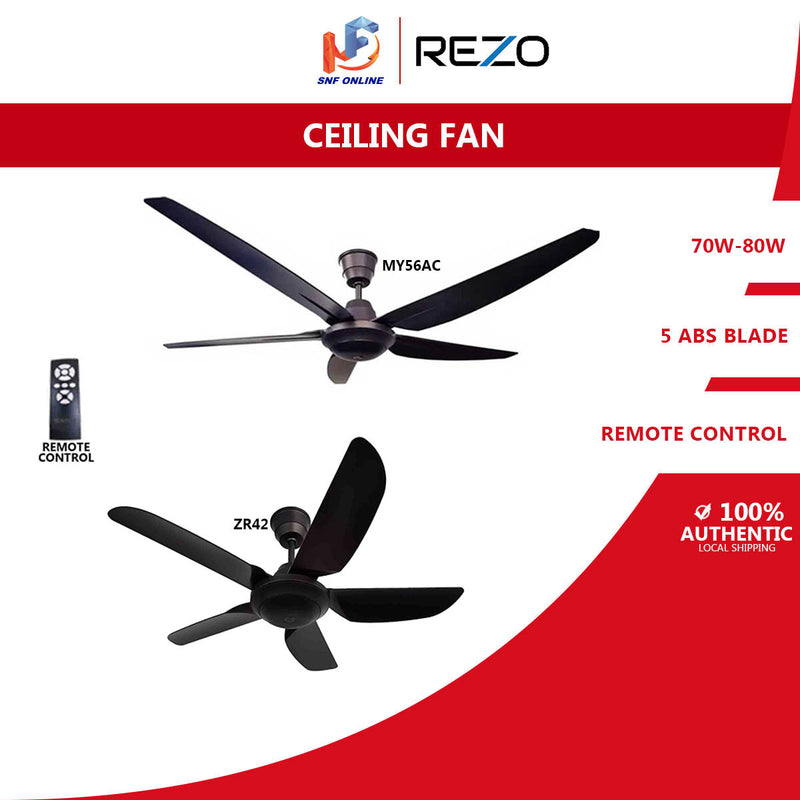 REZO Kipas Siling - Ventus Ceiling Fan 5 Blade with Remote Control AC Motor MY56 (56") ZR42 (42") (Matt Black)