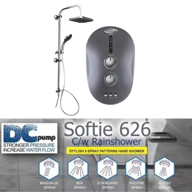 Elmark Rain Shower Water Heater With DC Pump SOFTIE 626 (MBK)