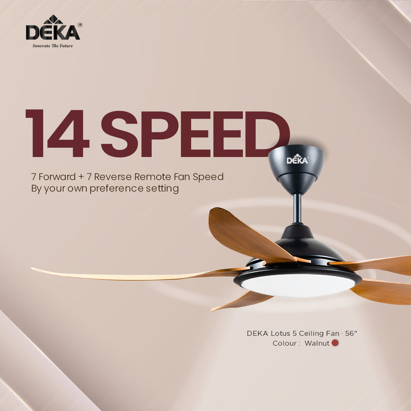 Deka 5 Blade DC Motor Ceiling Fan 56” with Remote Control LOTUS5-WALNUT