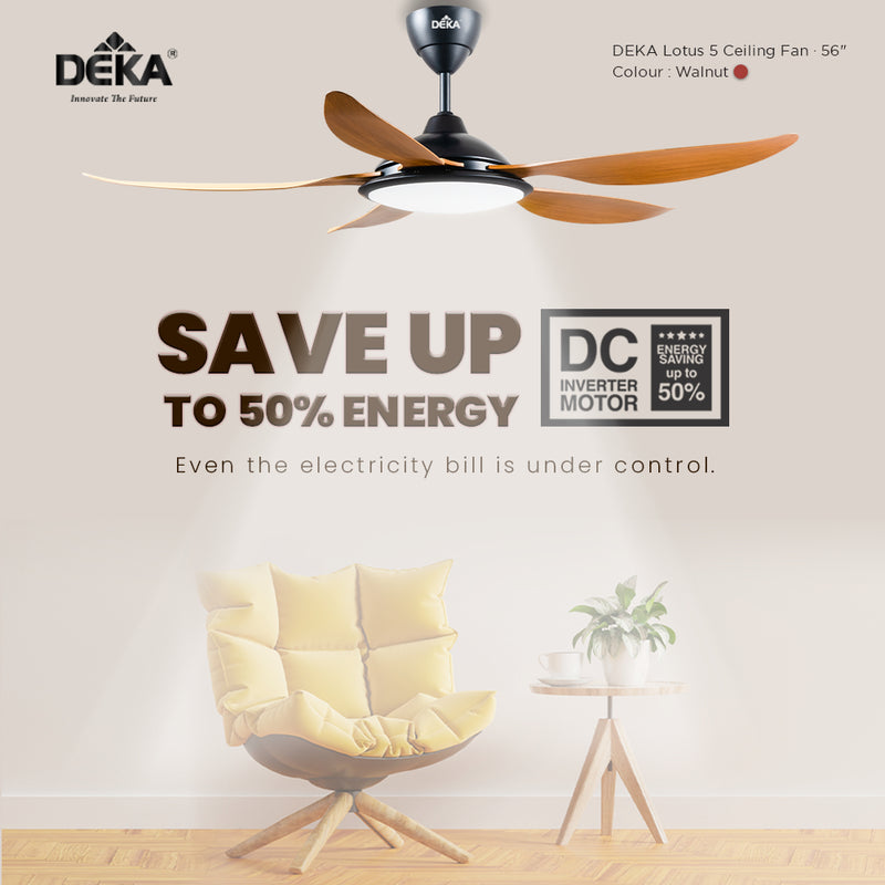 Deka 5 Blade DC Motor Ceiling Fan 56” with Remote Control LOTUS5-WALNUT