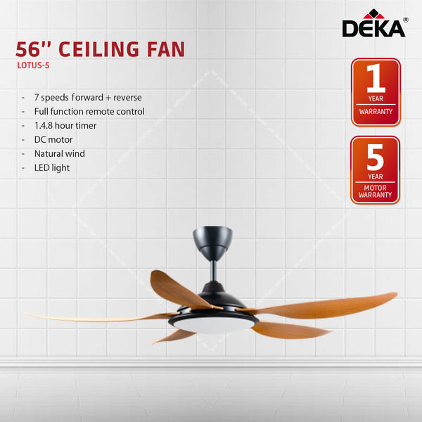 Deka 5 Blade DC Motor Ceiling Fan 56” with Remote Control LOTUS5-WALNUT