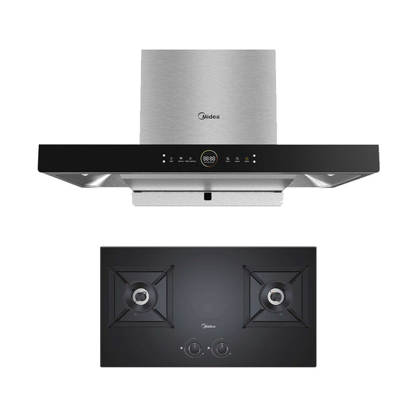Midea Built-in Gas Hob with 5.8kW Burners MGH-4360GL + Midea Cooker Hood Auto Clean Steam Wash MCH-90M80AT