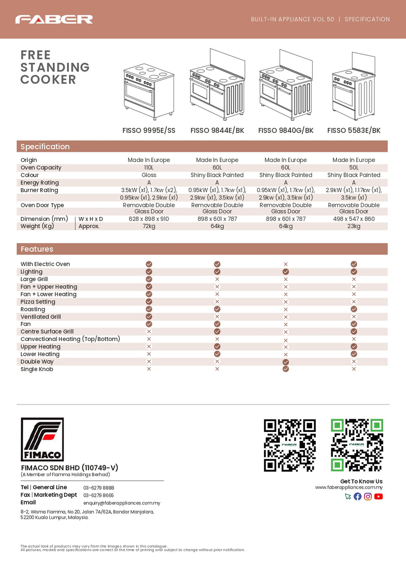 Faber Dapur Berdiri dengan Ketuhar 50L Free Standing Gas Cooker With Electric Oven FISSO 5583E/BK