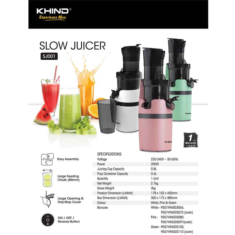 Khind 0.8L Slow Juicer SJ001 WHITE