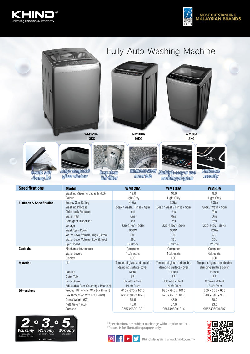 Khind 12Kg Fully Auto Washing Machine WM120A