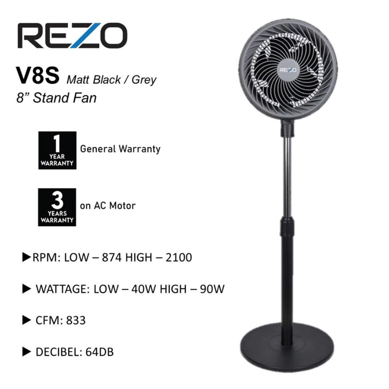 Rezo Kipas Berdiri Stand Fan (8") 90W V8S (MB)