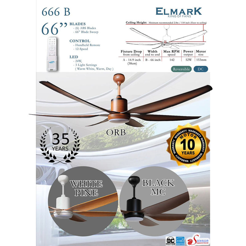 Elmark 66" 6 Blade Ceiling Fan With Remote Control DC Motor ELMARK666B