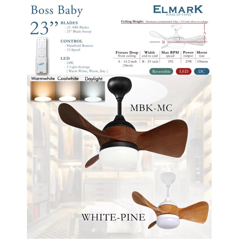 Elmark Kipas Syiling 23'' DC Ceiling Fan Remote Control With LED Light BOSS BABY (MBK+MC) (PINEWHITE)