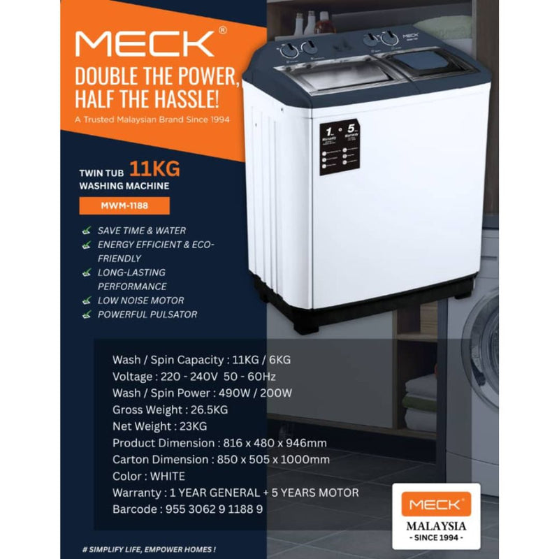 Meck Mesin Basuh Twin Tub Semi Auto Washing Machine MWM-6508 (6.5kg) / MWM-1188 (11kg)