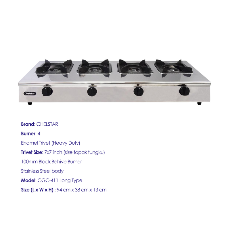 Chelstar Stainless Steel Commercial 4 Burner Gas Stove CGC-411