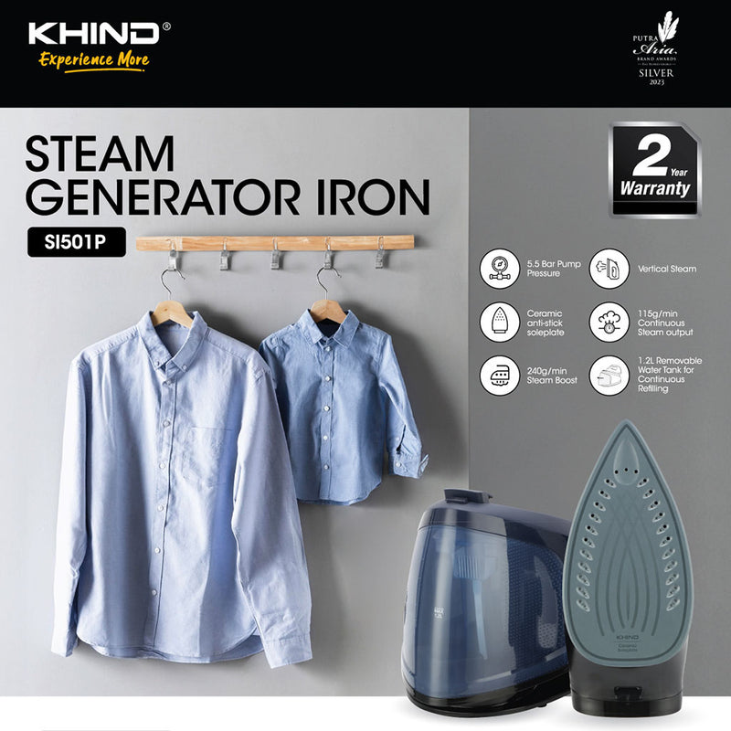 Khind Steam Generator Iron Ceramic Anti-Stick Soleplate SI501P