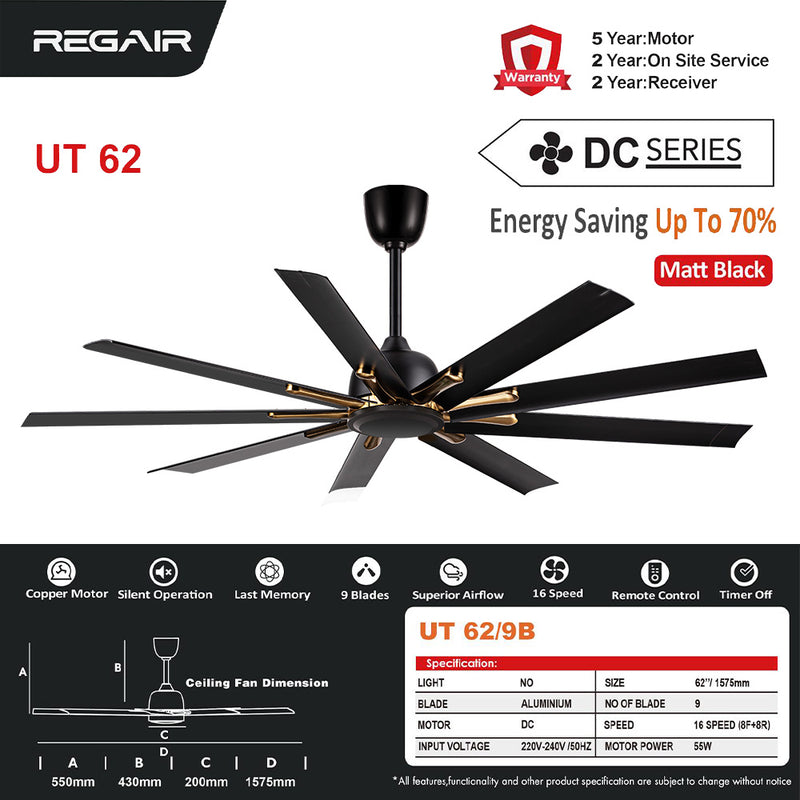 Regair UT Ceiling Fan UT62 UT62-MB (62" ) UT72 UT72-MB (72") UT84 UT84-MB (84") (Matt Black)