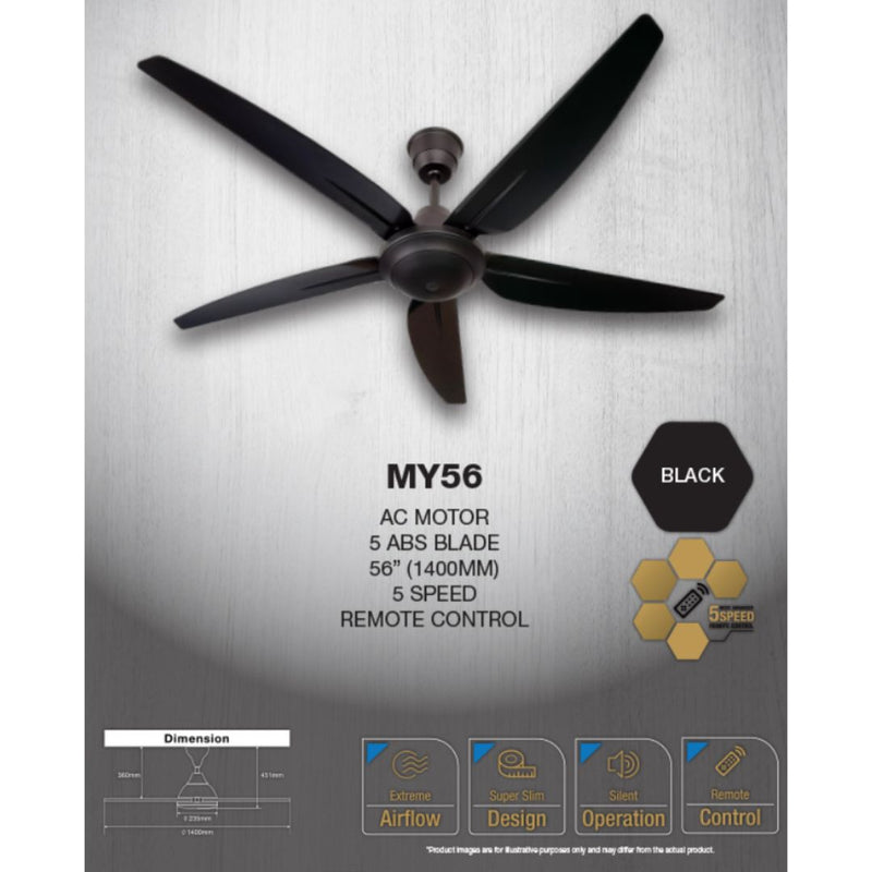 REZO Kipas Siling - Ventus Ceiling Fan 5 Blade with Remote Control AC Motor MY56 (Matt Black)