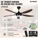Khind 56" Ceiling Fan DC Motor Remote Control and Led CF56DC4RL ( Mocha )