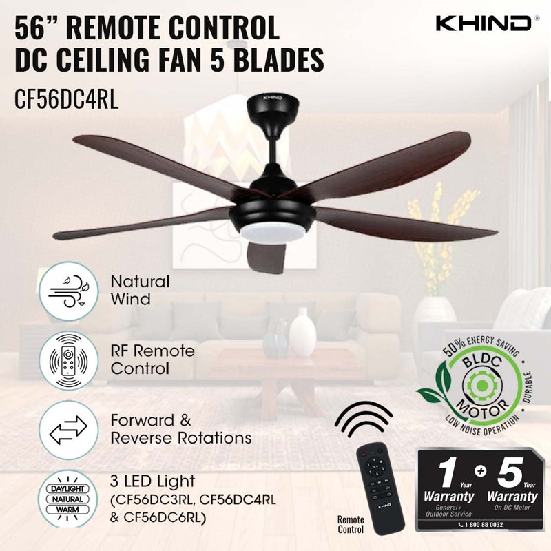 Khind 56" Ceiling Fan DC Motor Remote Control and Led CF56DC4RL ( Mocha )