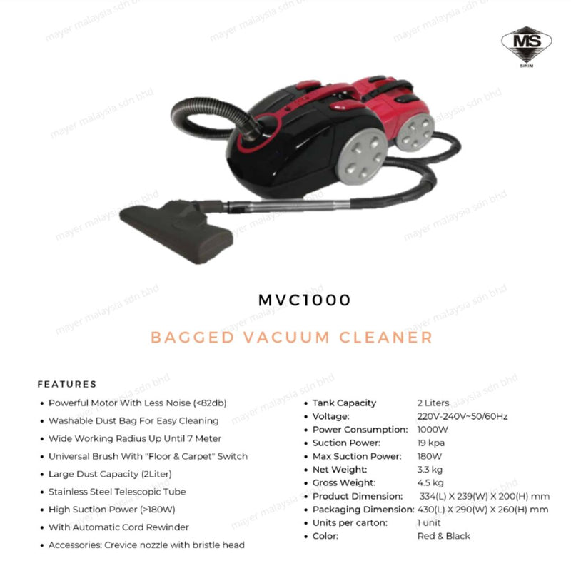 Mistral Vakum Pembersih Bagged Vacuum Cleaner (2L) MVC1000 (RED)