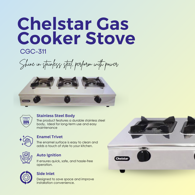 Chelstar Stainless Steel 3 Burner Commercial Gas Stove CGC-311