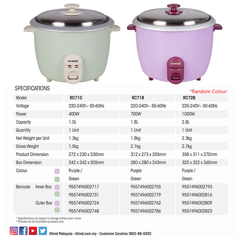 Khind Rice Cooker RC710 (1.0L) PURPLE GREEN