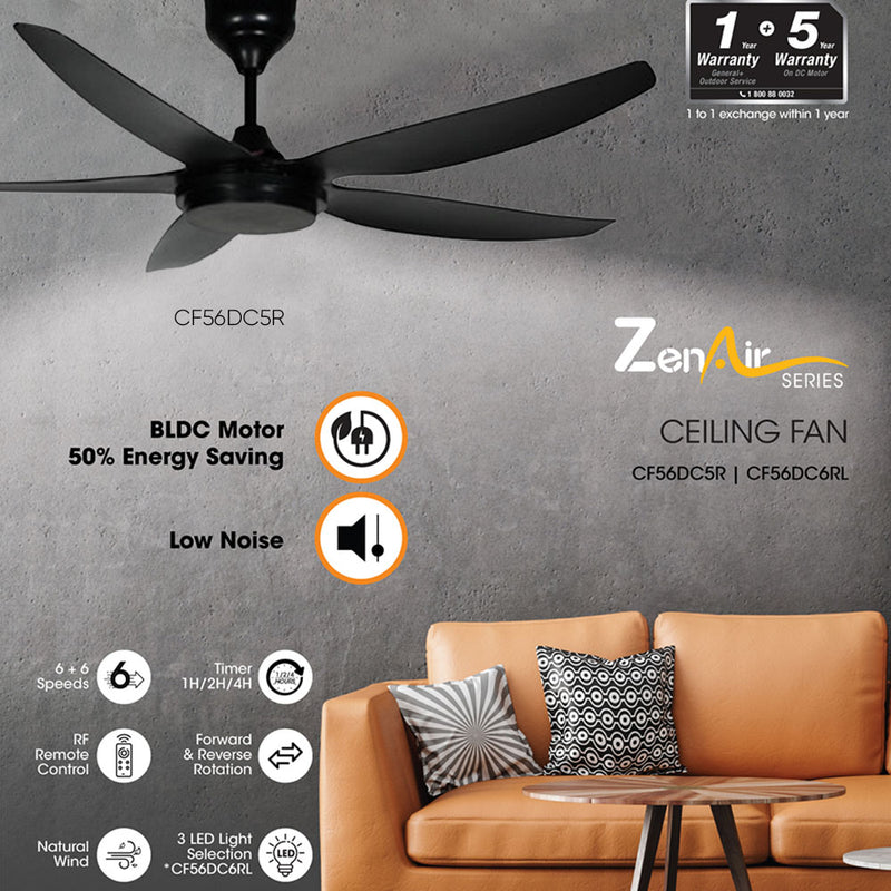 Khind Kipas Siling ZenAir 56"Ceiling Fan Remote Control CF56DC5R CF56DC6RL( Matt Black ) kipas siling