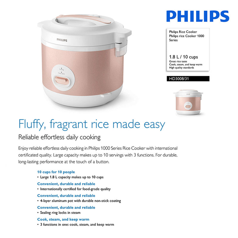 Philips 1.8L Jar Rice Cooker HD3008/30 (Grey) / HD3008/31 (Peach)