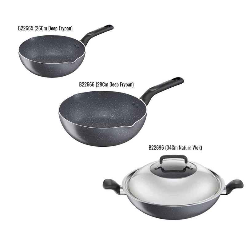 Tefal Cookware Natura Deep Frypan 26cm B22665 / 28cm B22666 / Wok 34cm With Lid B22696