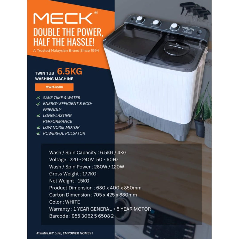 Meck Mesin Basuh Twin Tub Semi Auto Washing Machine MWM-6508 (6.5kg) / MWM-1188 (11kg)