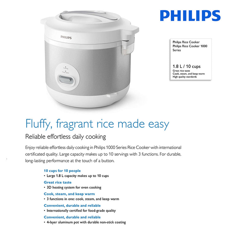 Philips 1.8L Jar Rice Cooker HD3008/30 (Grey) / HD3008/31 (Peach)