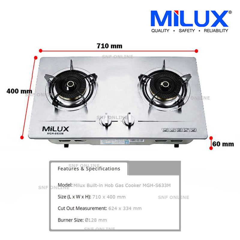 Milux 2 Burner Gas Cooker Hob Dapur Built-in MGHS633M MGH-S633M