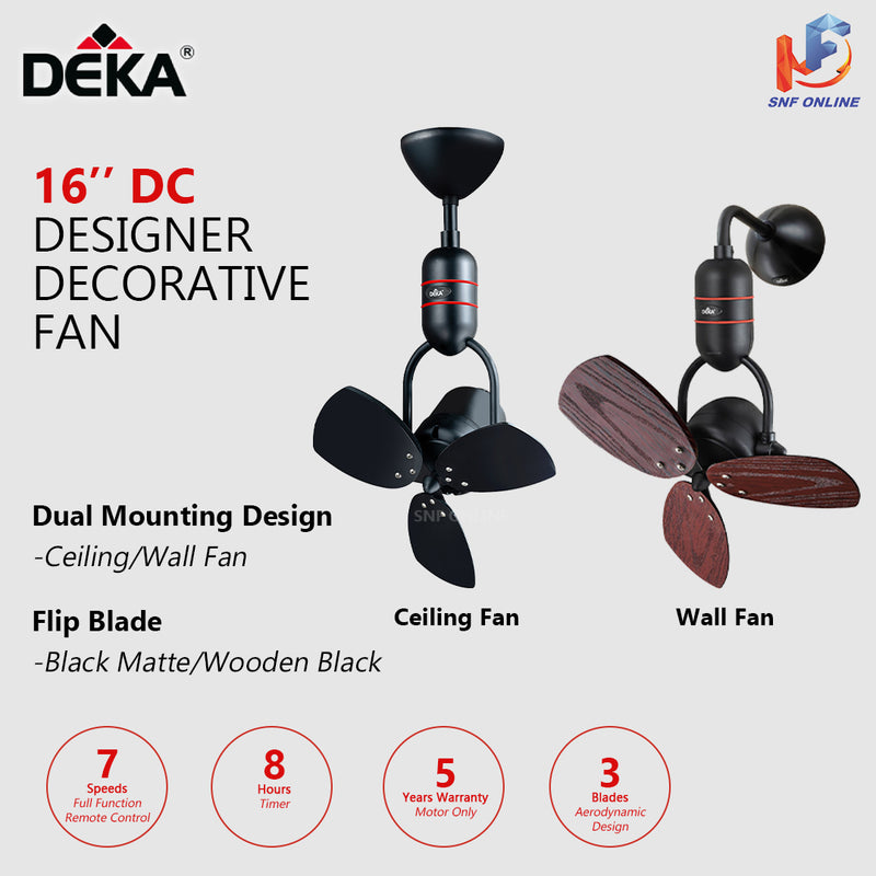 Deka Designer Wall Fan Ceiling Fan 16” With Remote Control MS16DC-BLW