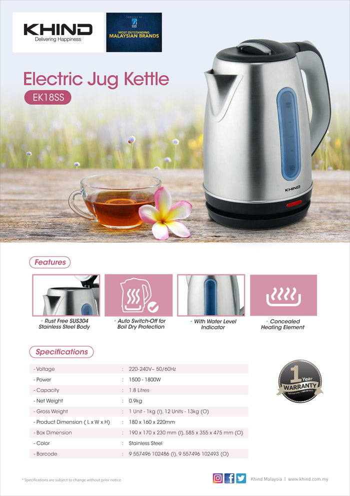 Khind 1.8L Electric Jug Kettle EK18SS