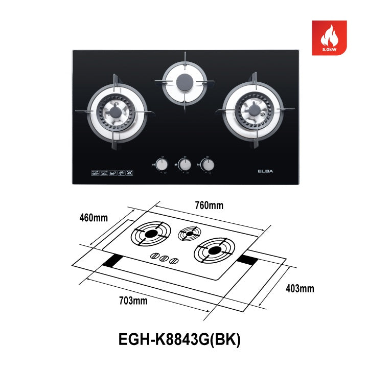 Elba Triple Burner Tempered Glass Hob EGH-K8843G(BK)