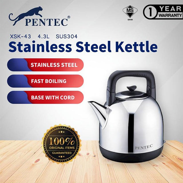 Pentec 4.3L Electric Kettle SUS304 Stainless Steel Body Apple Type Easy Filling XSK-43