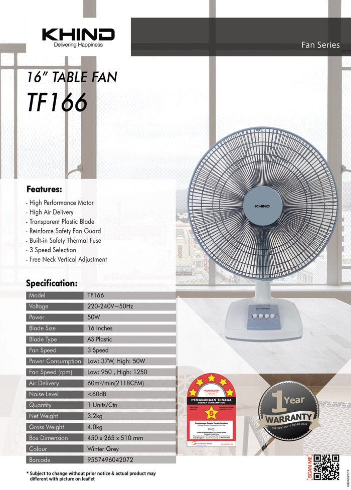 Khind Table Fan 16’’ TF-166 TF166 Kipas Meja